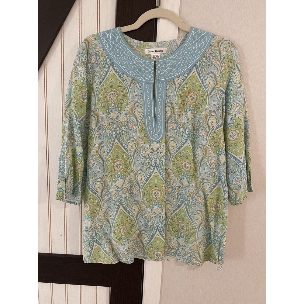 Susan Bristol Linen Blend Shirt Womens Large Indigo Blue Green Paisley Blouse